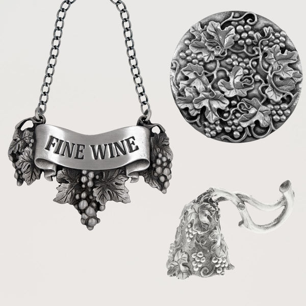 Fine wine collection of purse mirror, candle snuffer and wine decanter label